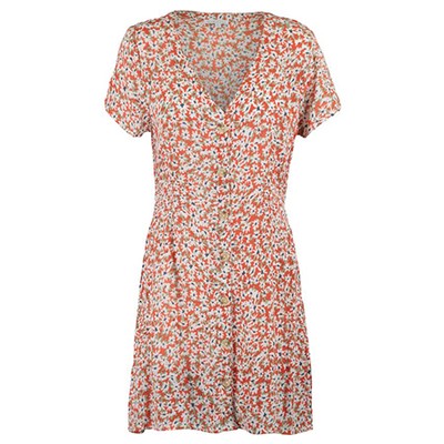 Orange Floral Buttoned Dress