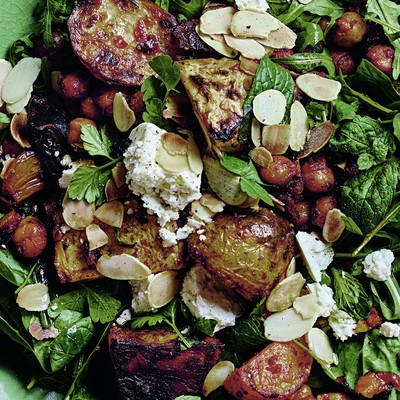 Harissa-Roasted Roots With Feta, Almonds & Chickpeas