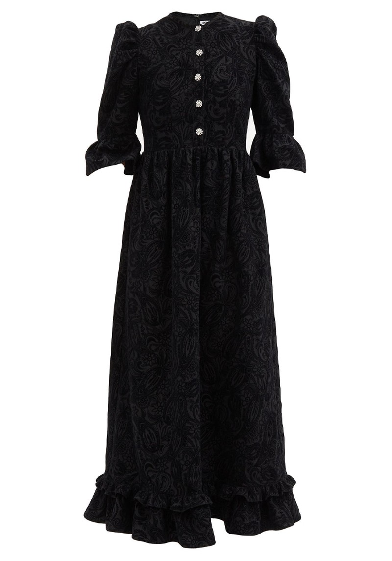 Flocked-Paisley Crystal-Button Wool Dress