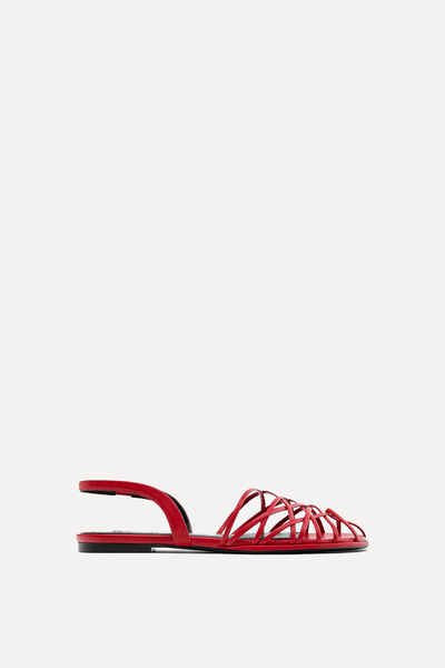 Red Slingback Shoes With Multiple Straps