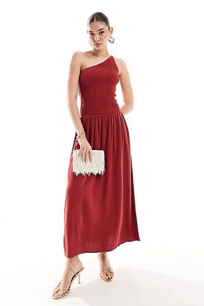  Linen Mix Shirred One Shoulder Drop Waist Maxi Dress