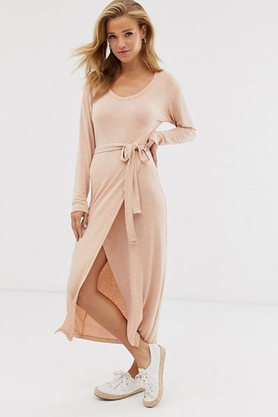 Belted Marl Jersey Knit Midi Dress