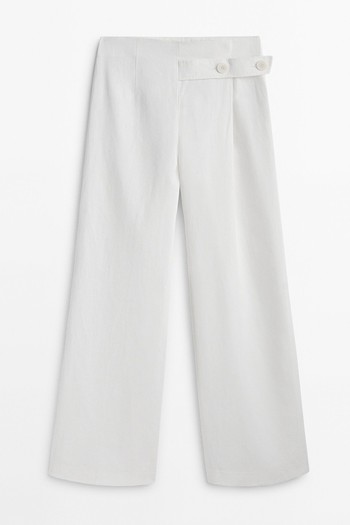 Waxed Linen Wide-Leg Trousers With Buttoned Tab from Massimo Dutti