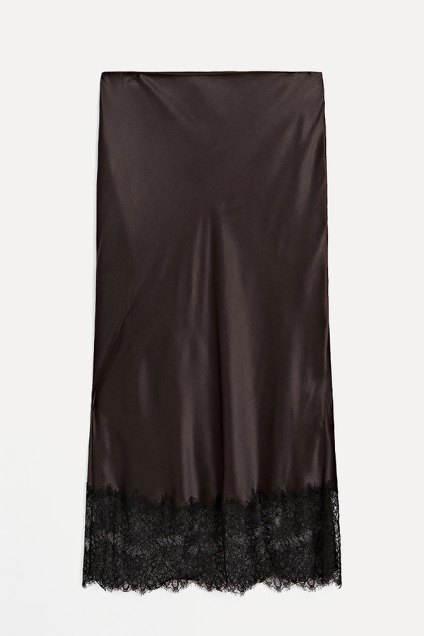Satin Lace-Trimmed Midi Skirt 