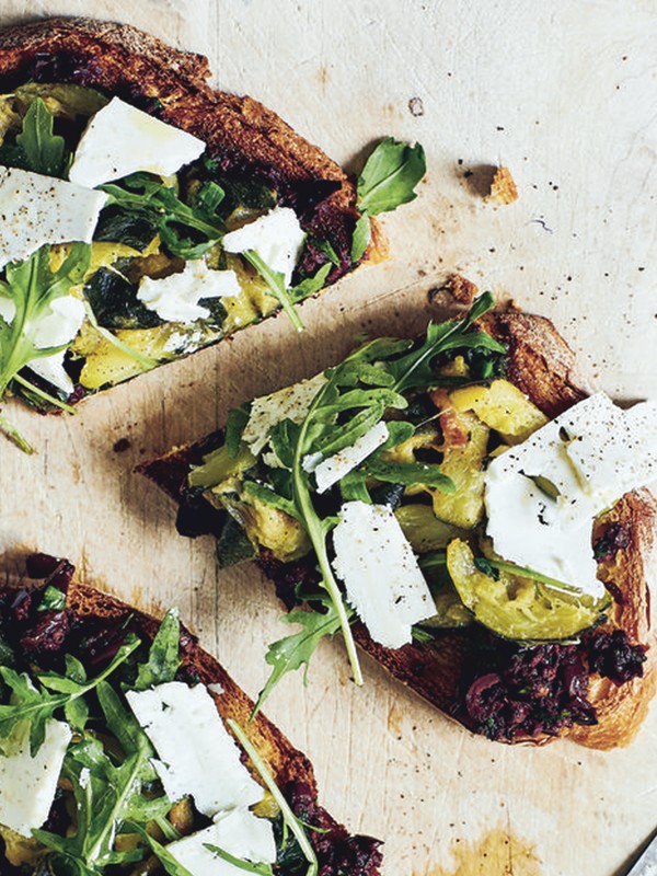 Courgette, Olive & Ricotta Salata Bruschette