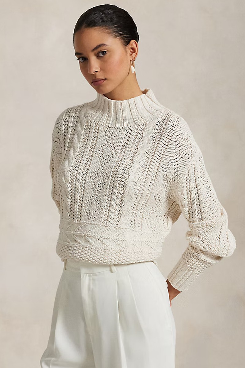 Aran-Knit Cotton Mockneck Jumper