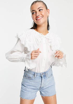 Cotton Ruffle Blouse With Embroidery Collar from ASOS Design