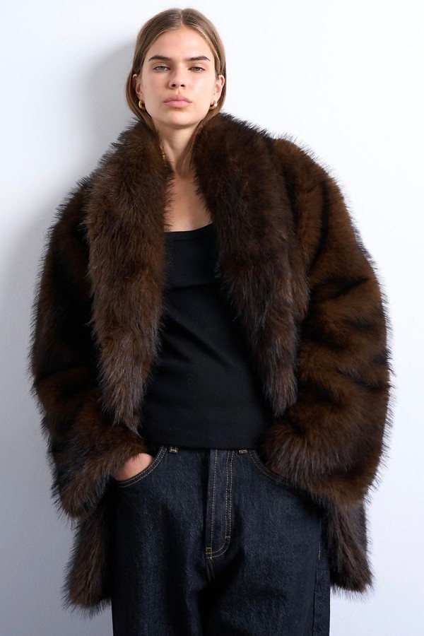 Faux Fur Shawl Mid Length Coat
