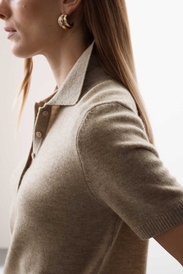 Merino Wool Rich Polo Neck Knitted Top With Cashmere