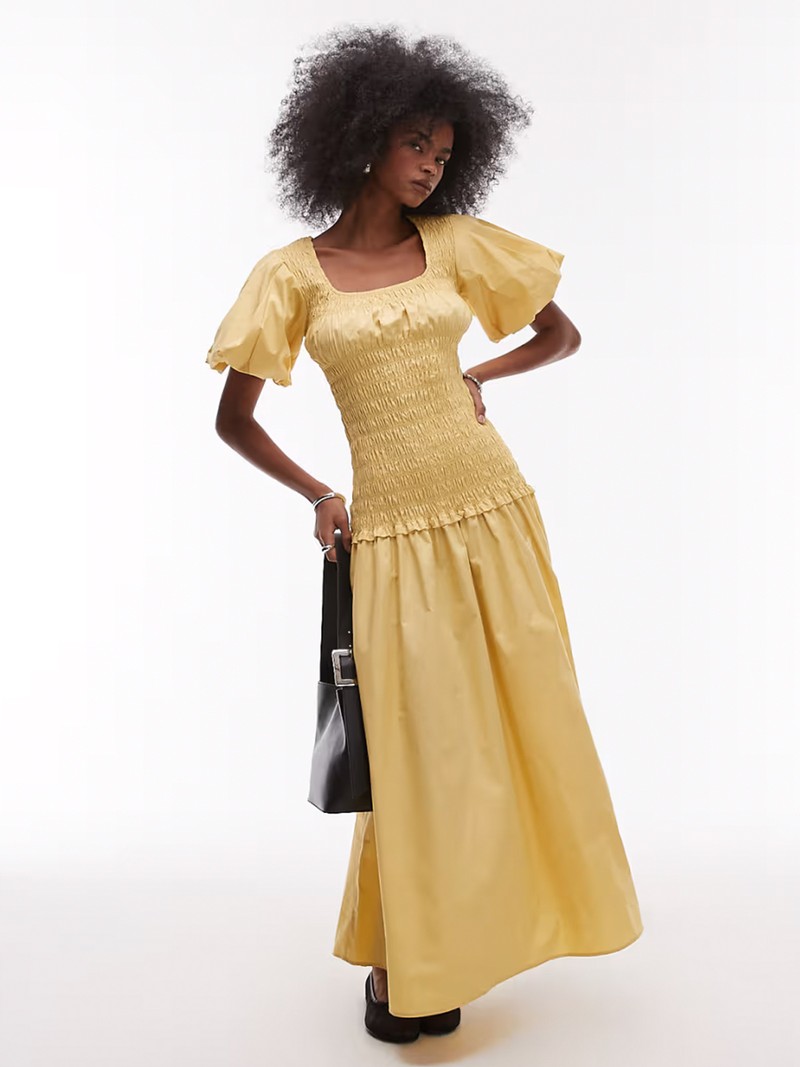 Puff Sleeve Square Neck Shirred Maxi Dress from Topshop