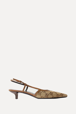 Demi Leather-Trimmed Crystal-Embellished Canvas Slingback Pumps from Gucci