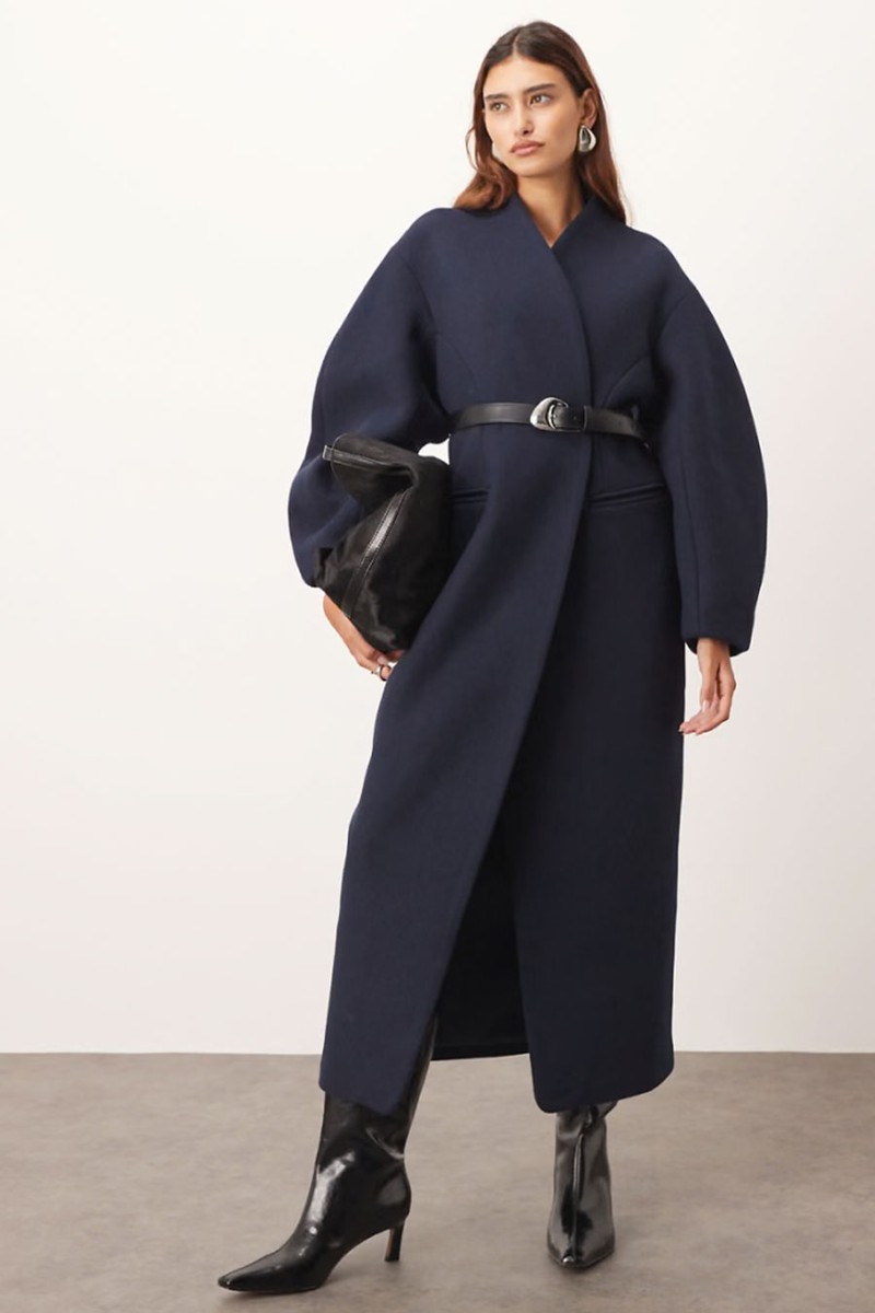 Wool Mix Cinched Waist Ovoid Sleeve Coat