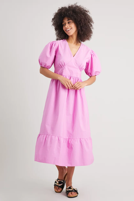 Pink Puff Sleeve Poplin Midi Dress