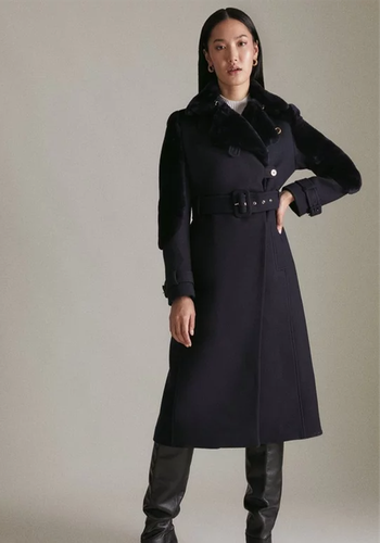 Italian Virgin Wool Shearling Mix Midi Coat