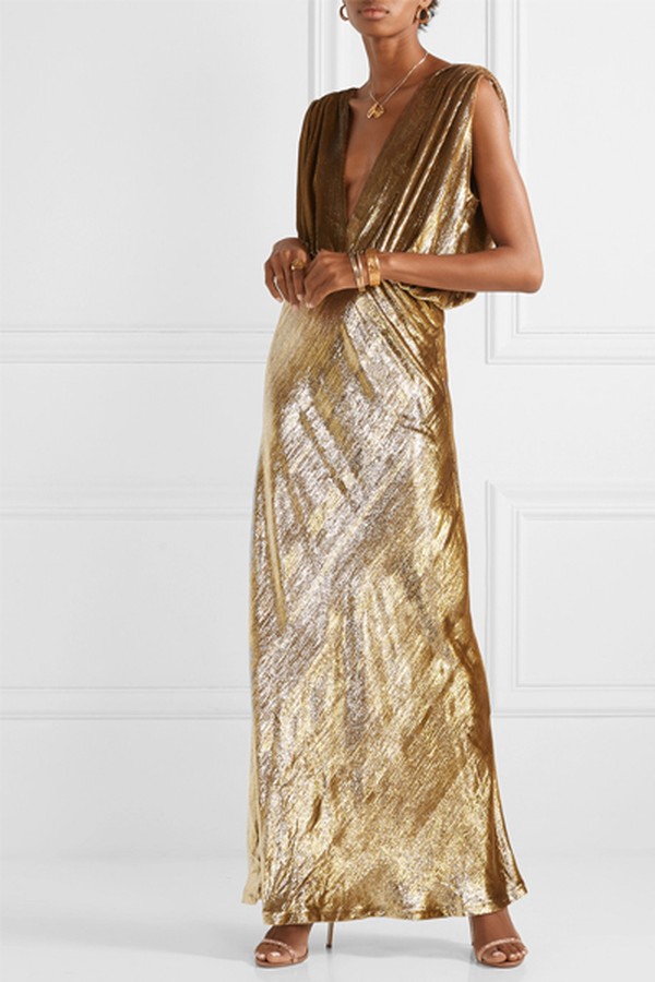 Helen Draped Metallic Velvet Maxi Dress from Mes Demoiselles