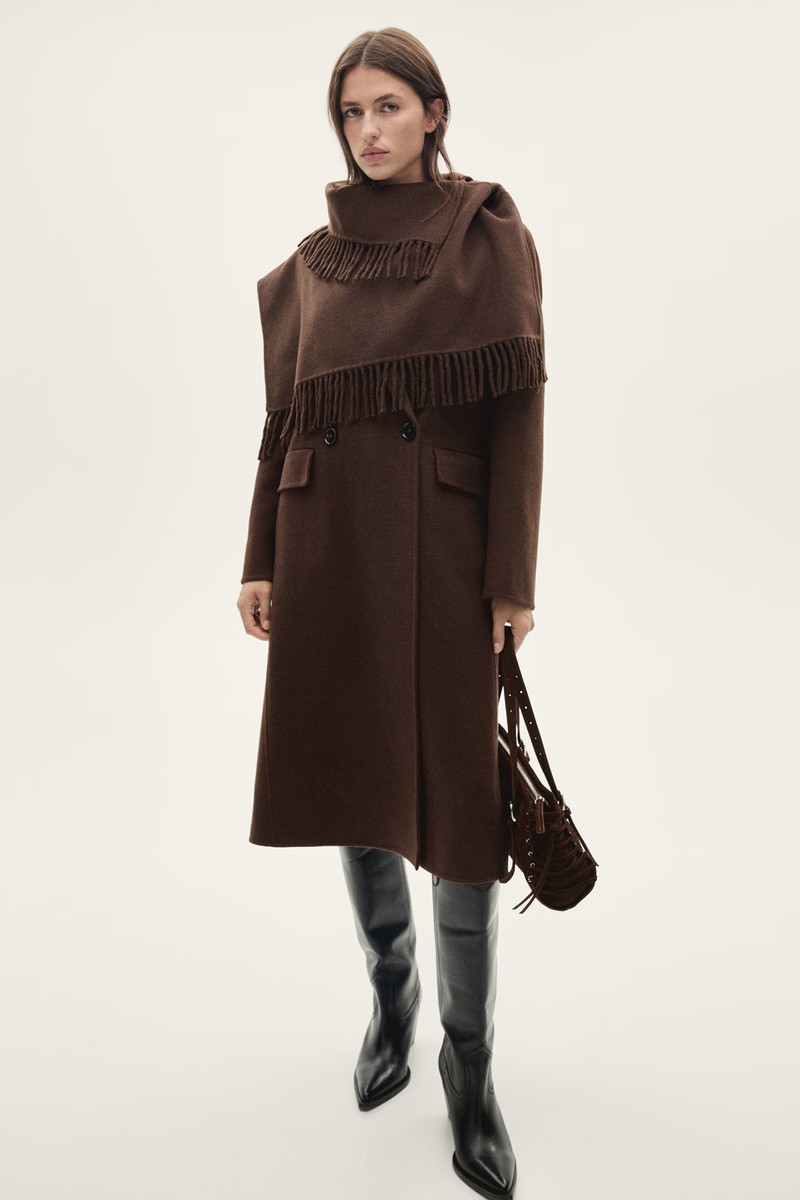 Wool Coat With Fringed Scarf
