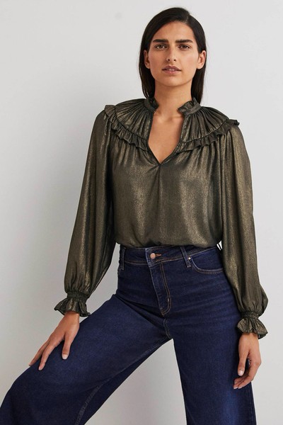 Gold Ruffle Collar Metallic Top