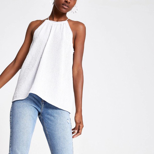 White Sequin Halter Neck Top