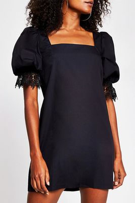 Black SS Lace Trim Shift Mini Dress