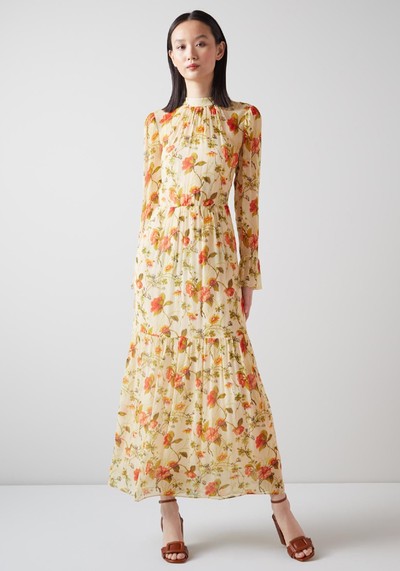 Swinton Cream and Red Chine Floral Print Silk Dress