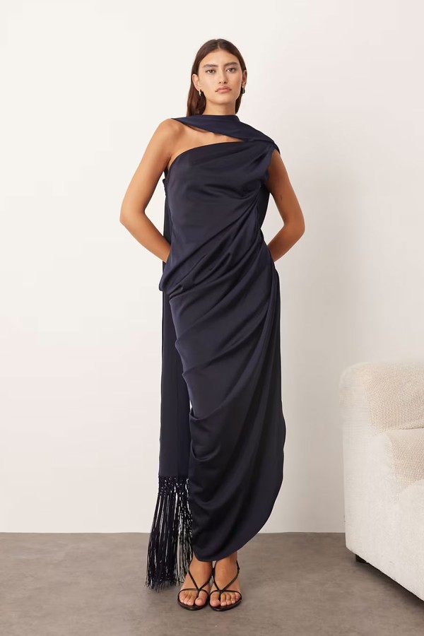 Scarf Neck Draped Maxi Dress With Low Back & Train