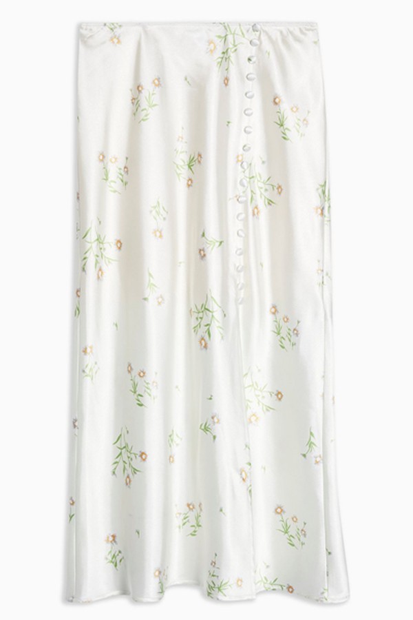 Cream Daisy Button Bias Midi Skirt from Topshop