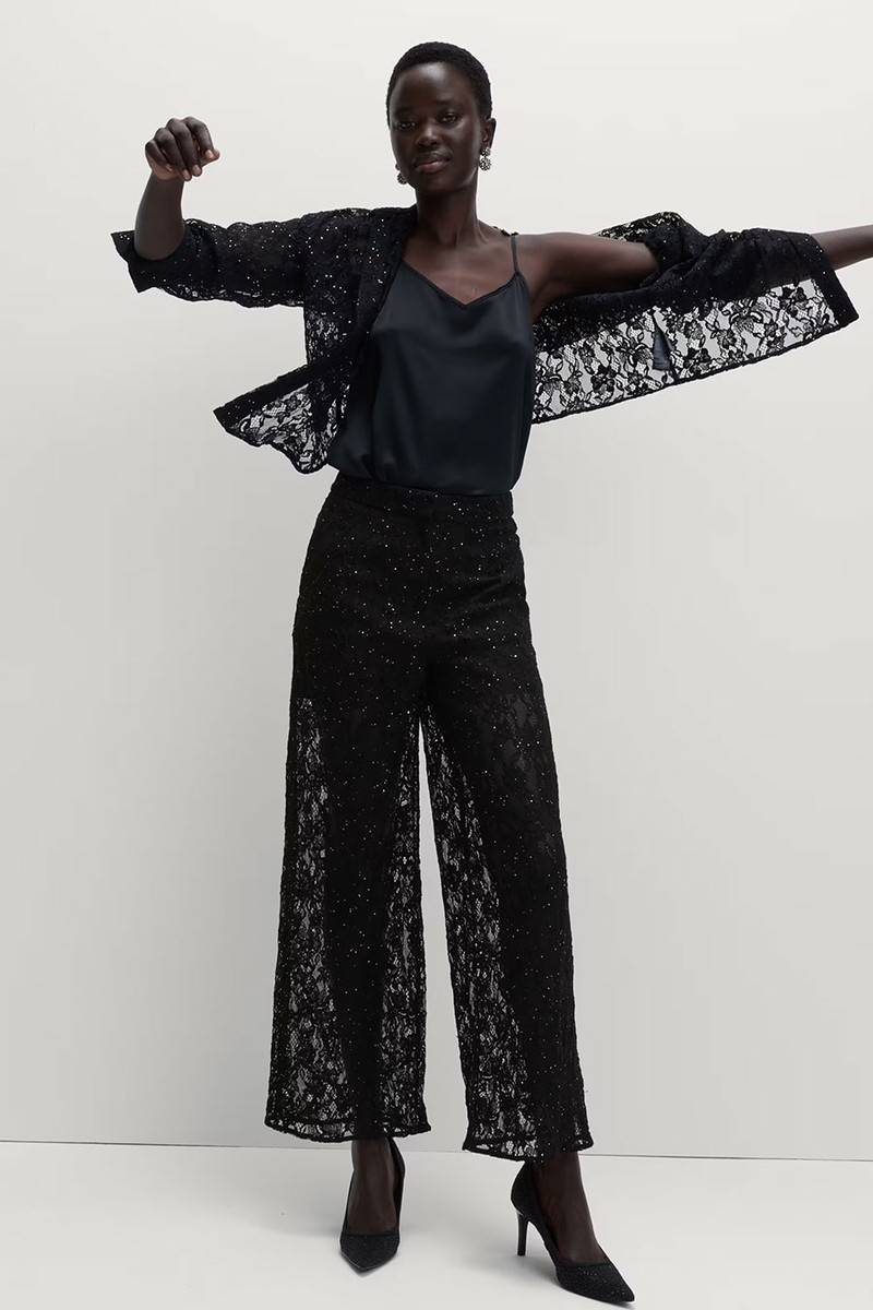 Lace Diamante Wide Leg Trousers With Stretch