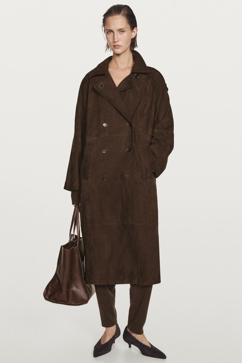 Long Suede Leather Trench Coat 
