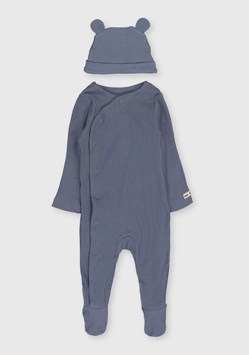 Blue Ribbed Sleepsuit & Hat