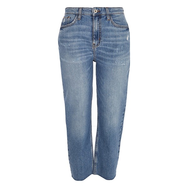 Petite Mid Blue Frayed Hem Straight Jeans