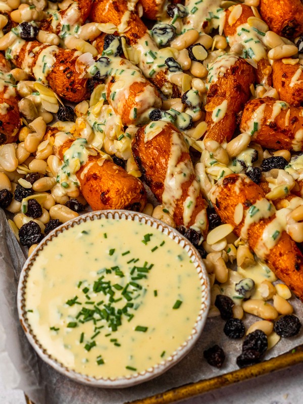 Roasted Harissa Baby Carrots & Cannellini Beans With A Yogurt Drizzle 