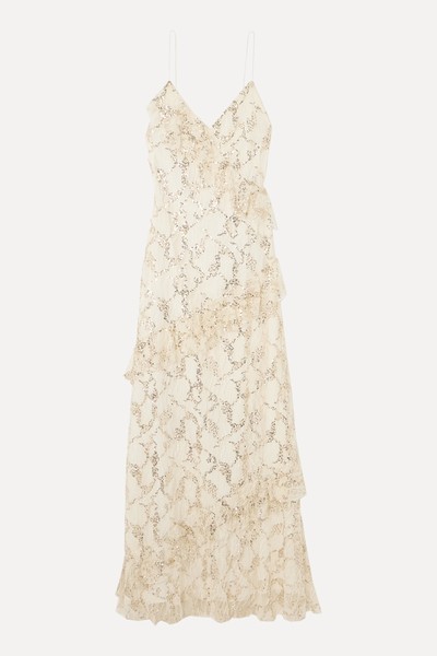 Kareen Ruffled Sequined Chantilly Lace Maxi Dress  from LoveShackFancy