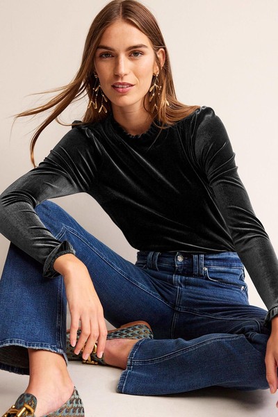 Velvet Frill-Trim Top