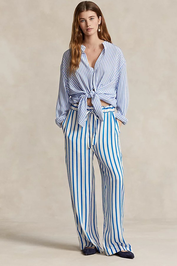 Striped Silk Wide-Leg Trousers