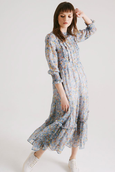 Liberty Print Silk Chiffon Ruffle Maxi Dress