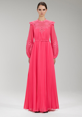Pink Chiffon Guipure Lace Bib Maxi Dress