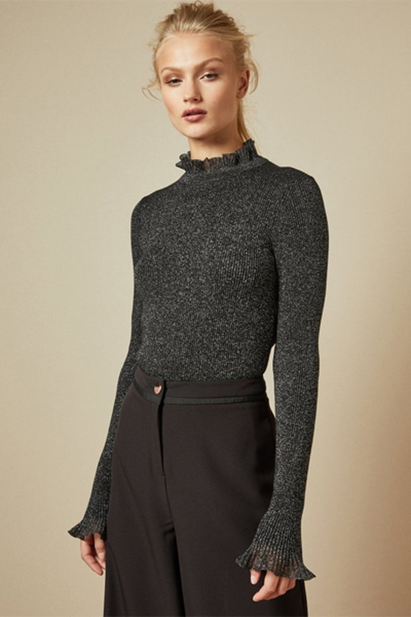 Milnia Frill Neck Detail Ribbed Lurex Jumper