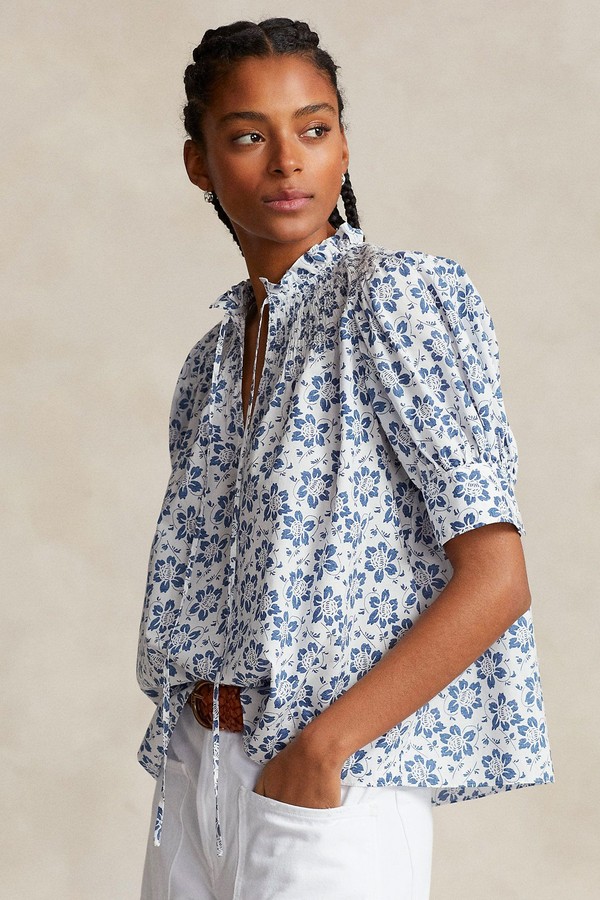Floral Shirred Cotton Poplin Top
