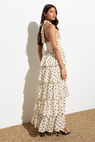 Spot-Print Halter-Neck Tiered Maxi Dress 