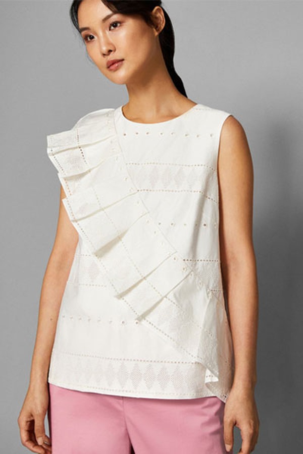 Forelli Ruffle Front Embroidered Top