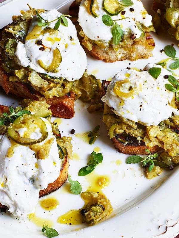 Burrata On Bruschetta With Stewed Courgettes & Fennel 