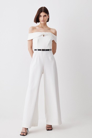 Structured Crepe Bardot Belted Wide Leg Jumpsuit from Karen Millen