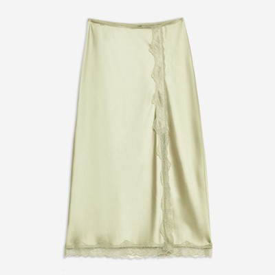 Lace Trim Bias Satin Midi Skirt