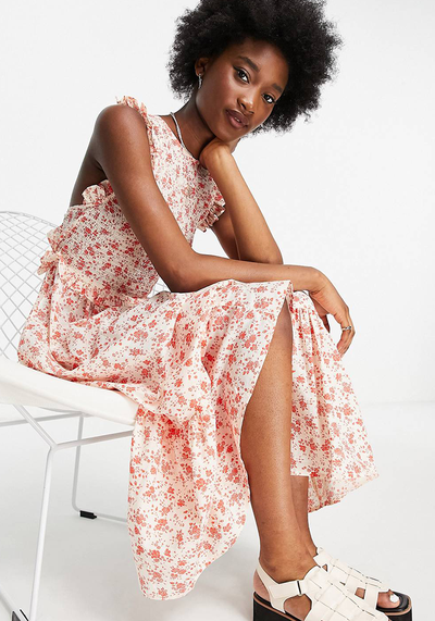 Shirred Bodice Tiered Midi Smock Dress from ASOS Design