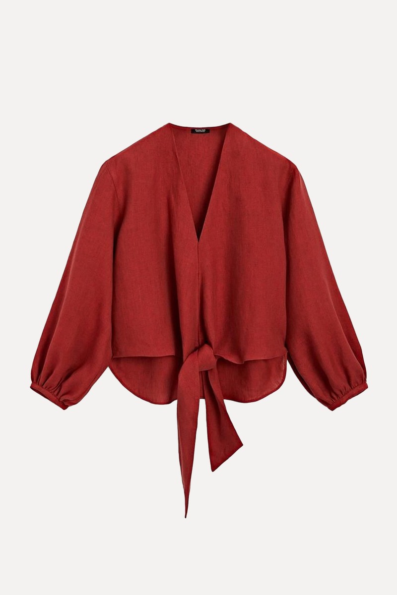  Linen Blouse With Tie Detail
