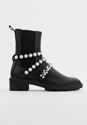 Flatform Leather Ankle Boots With Faux Pearl Straps from Zara