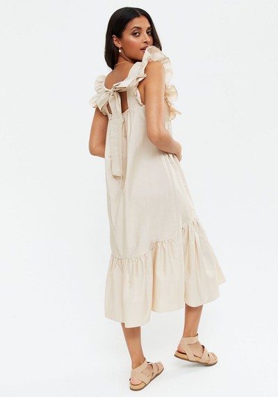 Stone Square Neck Frill Tiered Smock Midi Dress 