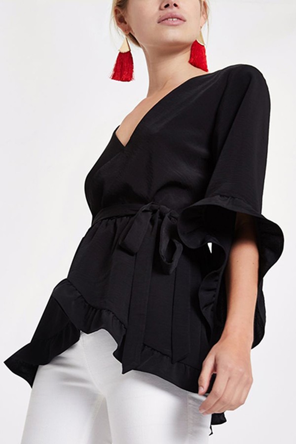 Black Tie Waist Frill Wrap Top