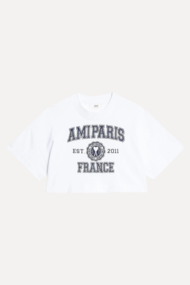 White Logo Print Cropped T-Shirt from AMI Paris