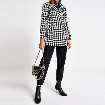 Black Dogtooth Print Double Breasted Jacket